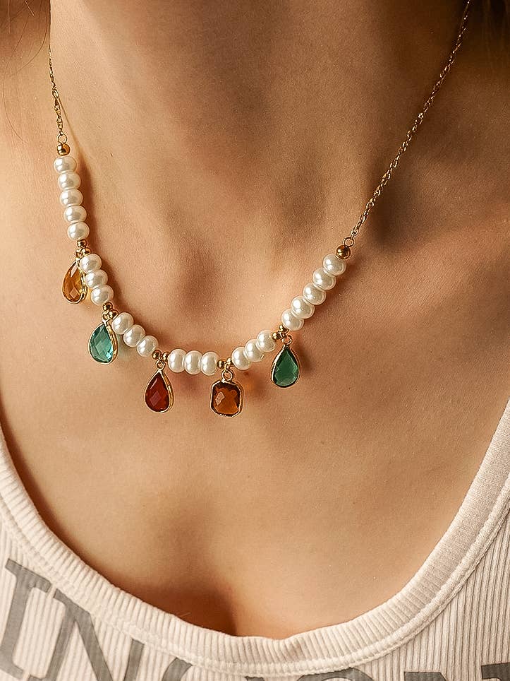 Vœux CZ Stone and Pearl Necklace