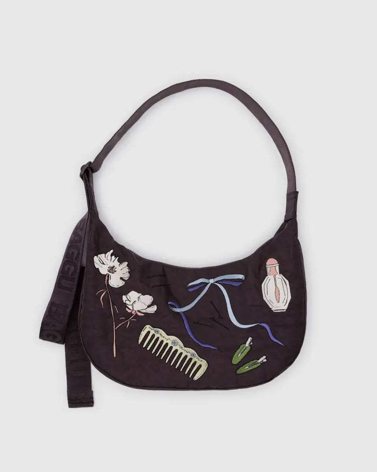 Baggu Medium Nylon Crescent Bag - Embroidered Get Ready With Me